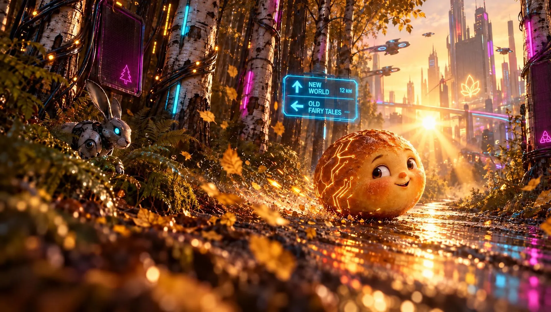The bun rolling down a wet path through a wired birch forest toward a neon city, watched by a robot hare
